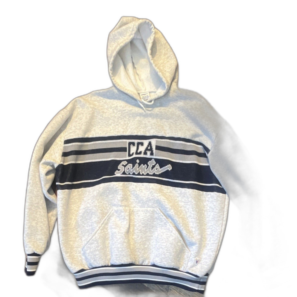 Varsity CCA Saints Striped Embroidered Hooded Fleece Pullover Hoodie Gray